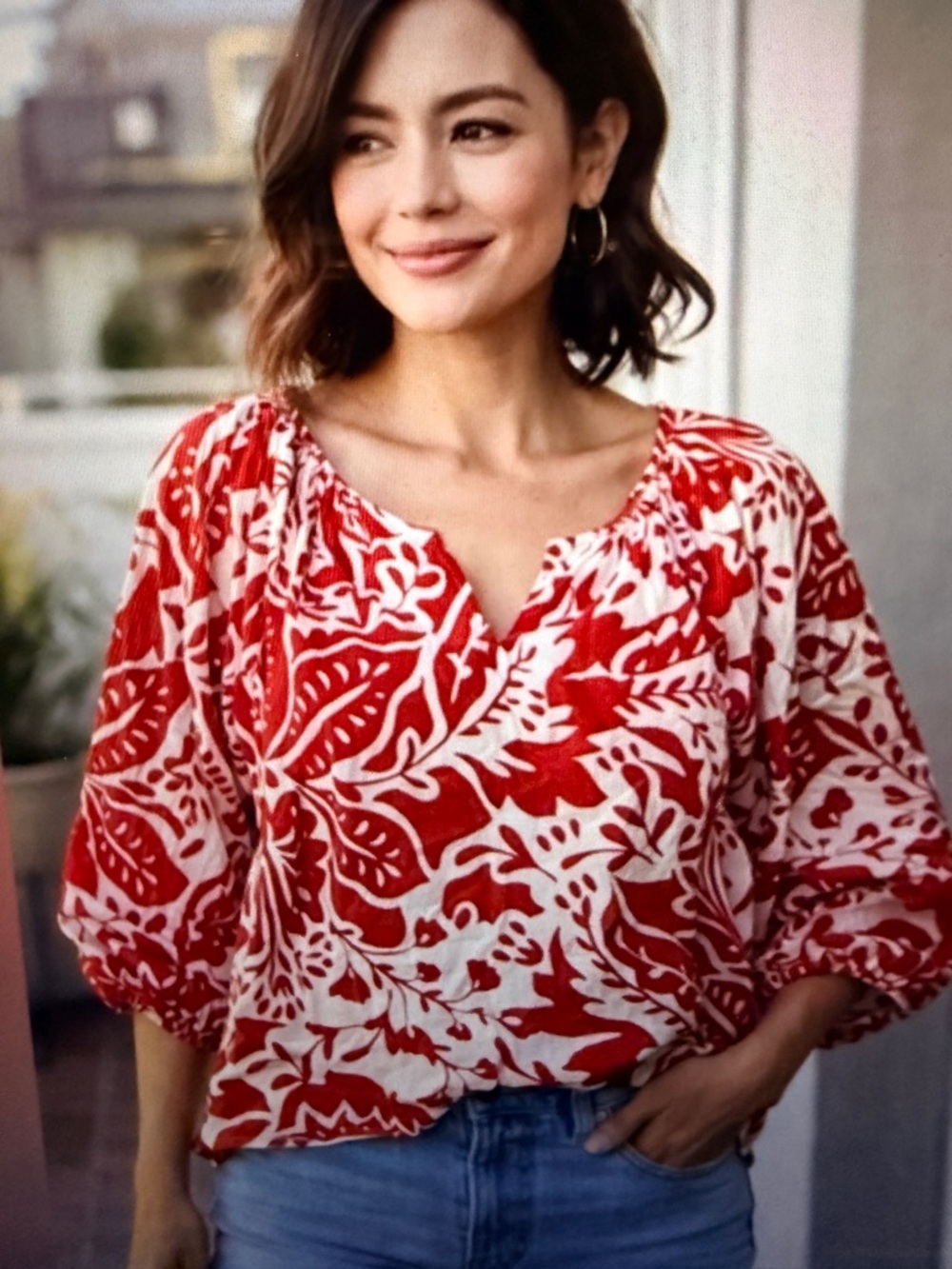 Banana Republic Lantern-Sleeve Cotton Red and White Blouse. EUC